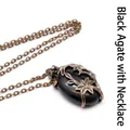 Retro antique copper necklace with black oval stone and double flower metal pendant - Black Onyx