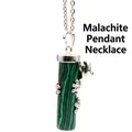 Polished malachite green pillar pendant necklace with silver climbing frog charm - Malachite