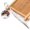 Elegante marcapáginas de pluma de plata con colgante de árbol de la vida turmalina - Turmalina
