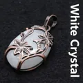 Vintage medieval style bronze double flower pendant with oval white rock crystal stone - White Crystal