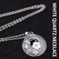 Elegant white crystal round pendant necklace with delicate shell flower and silver chain - Necklace Set / White Crystal