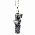 Natural snowflake obsidian pillar necklace featuring a delicate silver frog pendant - Snowflake Obsidian