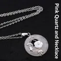 Elegant rose quartz circle pendant necklace with delicate silver flower and leaf design - Necklace Set / Rose Quartz