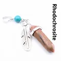Hexagonal rhodonite crystal pillar pendant with silver feather and turquoise bead - Rhodonite
