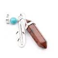 Hexagonal crystal pillar pendant with silver feather charm and turquoise bead decor - Mahogany Obsidian