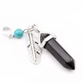 Hexagonal black agate crystal pendant with silver feather and turquoise bead - Black Agate