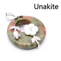 Natural unakite stone donut pendant necklace with delicate white flower and silver stem - Pendant Only (Without Chain) / Unakite