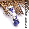 Natural lapis lazuli stone pendant featuring a silver phoenix wrap design in ethnic style - Phoenix Style / Lapis Lazuli