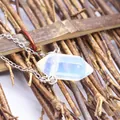 Elegant hexagonal opalite crystal point pendant necklace with fine silver link chain - Silver Chain / Opal