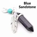 Blue sandstone hexagonal pillar pendant with silver feather and turquoise bead charm - Blue Sandstone