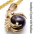 Gold-plated dragon claw pendant necklace featuring a natural purple amethyst stone bead - With Necklace / Amethyst