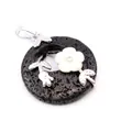 Volcanic lava stone donut pendant with elegant silver flower and leaf filigree details - Pendant Only (Without Chain) / Lava Stone