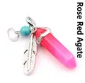 Elegant rose red agate hexagonal crystal pillar pendant with silver feather charm - Rose Red Agate