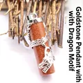 Dragon-themed goldstone cylinder pendant with silver-tone dragon engraving - Dragon Style / Gold Sandstone