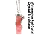 Elegant watermelon red crystal pillar pendant necklace with a detailed silver frog wrap - Watermelon Red with Necklace
