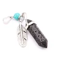 Hexagonal black lava stone pendant necklace with silver feather and turquoise bead charm. - Lava Stone