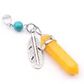 Hexagonal yellow jade column pendant with turquoise and silver feather charms - Topaz