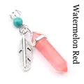 Hexagonal watermelon red crystal pillar pendant featuring a silver feather charm - Watermelon red