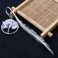 Marcapáginas de pluma de plata vintage con colgante de árbol de la vida de cuarzo rosa - Cuarzo rosa