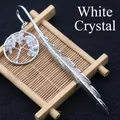 Marcador de libros de pluma de plata con dije de árbol de la vida de cuarzo blanco - Cristal de roca