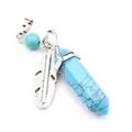 Blue turquoise hexagonal pillar pendant with silver feather charm on white background - Blue Turquoise