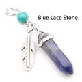 Natural blue veined stone hexagonal crystal pendant with decorative silver feather charm - Blue Sodalite