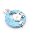 Turquoise circular stone pendant featuring white flower inlay and silver leaf accents - Pendant Only (Without Chain) / Blue Turquoise