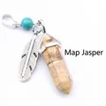 Hexagonal picture jasper crystal pendant necklace with silver feather charm and bead - Jasper