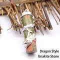Natural Unakite crystal pillar pendant with intricate silver dragon wrap for ethnic style - Dragon Style / Unakite