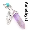 Hexagonal amethyst crystal point pendant with silver feather charm and turquoise bead. - Amethyst