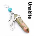 Hexagonal Unakite crystal pillar pendant necklace with silver feather charm and bead. - Unakite