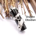 Black obsidian cylinder pendant with silver dragon wrap ethnic style jewelry - Dragon Style / Obsidian
