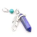 Natural hexagonal lapis lazuli crystal pendant necklace with silver feather and turquoise bead - Lapis Lazuli