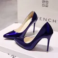 Elegant purple patent leather pointed toe stiletto pumps for women - 34 / 10CM Heel / Blue Red Bottom