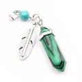 Natural hexagonal malachite crystal pendant necklace with a silver feather charm detail - Malachite