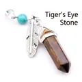 Natural tiger eye hexagonal crystal point pendant necklace with a silver feather charm - Tiger's Eye