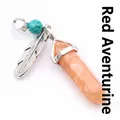 Hexagonal orange aventurine crystal point pendant necklace with a silver feather - Red Aventurine