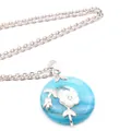 Elegant blue agate donut pendant necklace with white flower detail and silver-tone chain - Necklace Set / Blue Agate