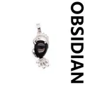 Silberfarbener Papagei-Anhänger mit einem glatten, tropfenförmigen Obsidian-Edelstein - Papagei Anhänger / Obsidian