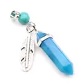 Hexagonal blue crystal pillar pendant with silver feather charm and small turquoise bead. - Blue Agate