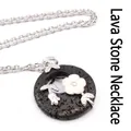Natural black volcanic stone necklace with white flower pendant and silver chain - Necklace Set / Lava Stone