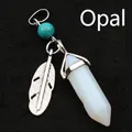 Hexagonal crystal pillar pendant necklace with opal stone and silver feather charm - Opal
