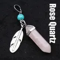 Natural hexagonal rose quartz crystal pendant with silver feather and turquoise bead - Rose Quartz