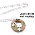 Unakite round stone pendant necklace with elegant white flower detail in silver finish - Necklace Set / Unakite