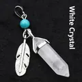 Hexagonal white crystal pendant necklace with silver feather charm and turquoise bead - White Crystal