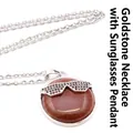 Minimalist round brown goldstone necklace with unique black rhinestone sunglasses pendant - With Necklace / Gold Sandstone
