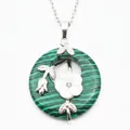 Malachite pendant necklace with white flower detail in silver finish - Necklace Set / Malachite