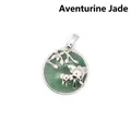Élégant pendentif rond en jade aventurine avec motif d'éléphant mère et enfant argenté - Jade aventurine
