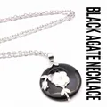 Vintage black agate circular pendant necklace featuring a delicate white shell flower inlay - Necklace Set / Black Agate
