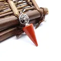 Conical red stone pendulum necklace featuring an intricate silver-tone Tree of Life charm - Red Jasper